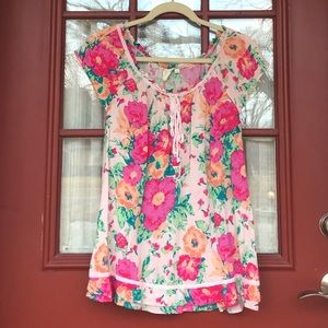 Floral Anthropologie Top with Lace Trim